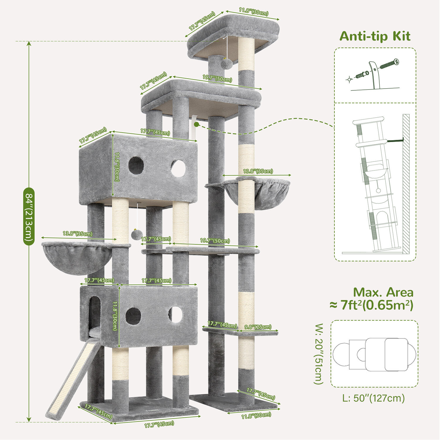 S84D Tall Cat Tree(Light Grey,84-inch)