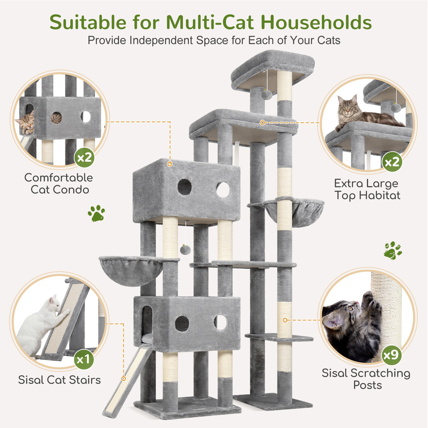 S84D Tall Cat Tree(Light Grey,84-inch)