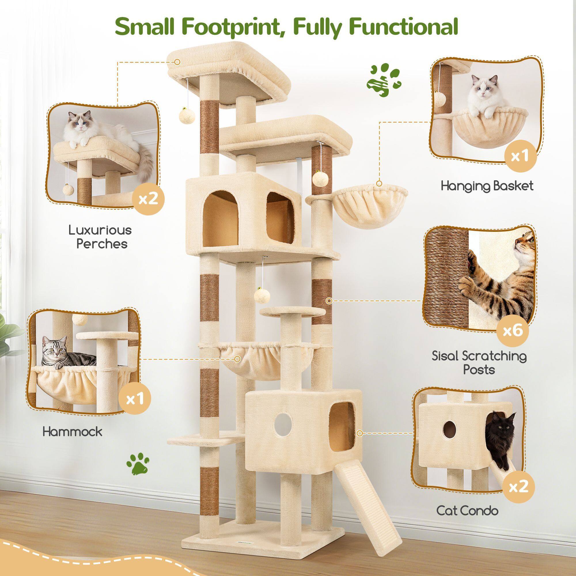 F80G Tall Cat Tree(Beige,80-inch)