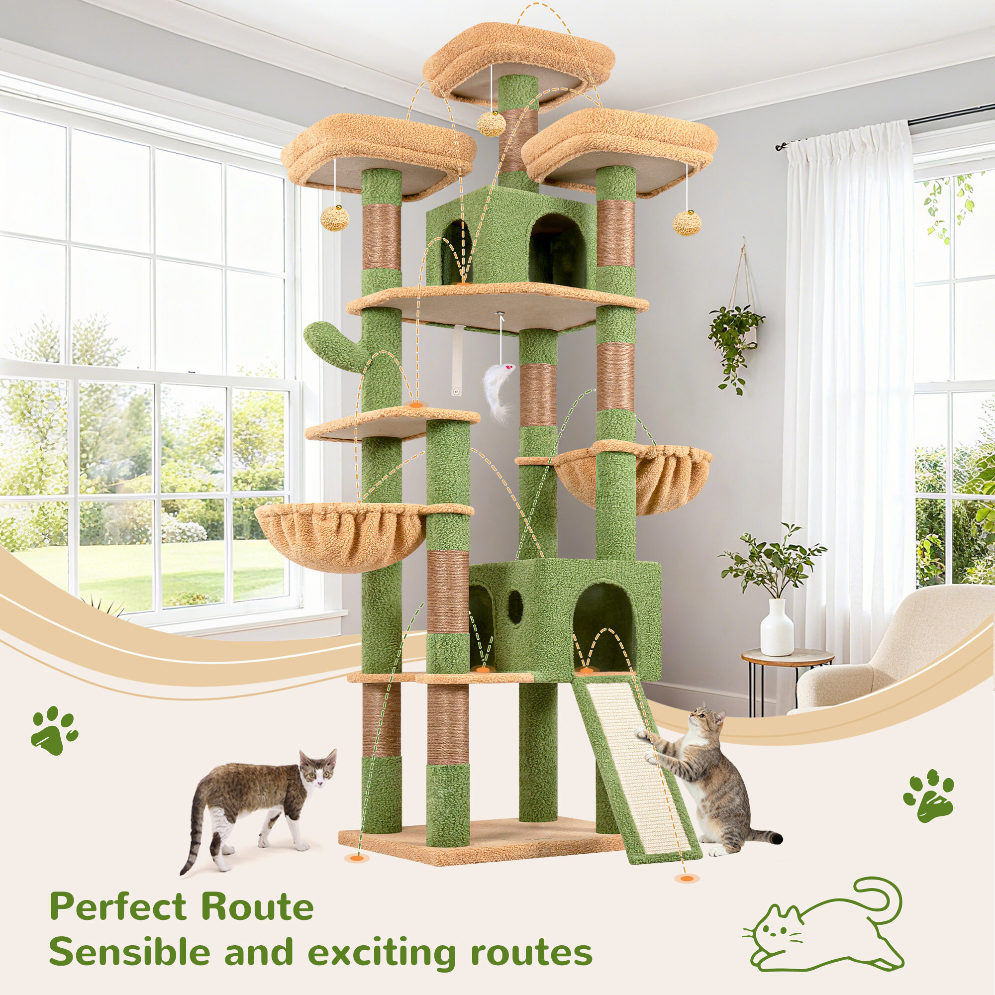 F83D Cat Tree For Large Cats(Cactus Green,83-inch)