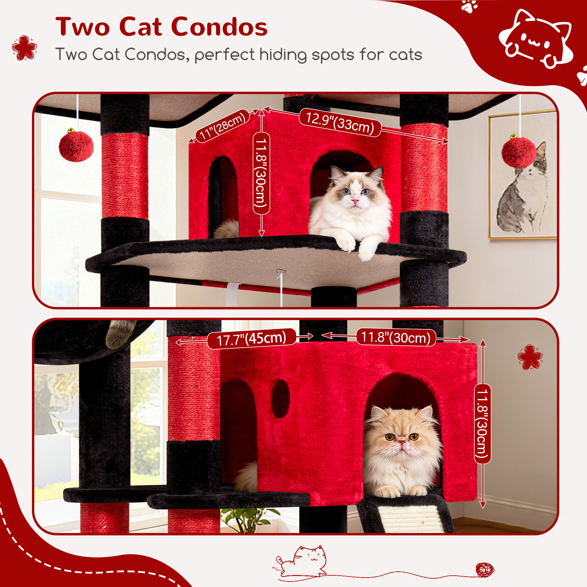 F83D Cat Tree For Large Cats(Gothic Red Black,83-inch)