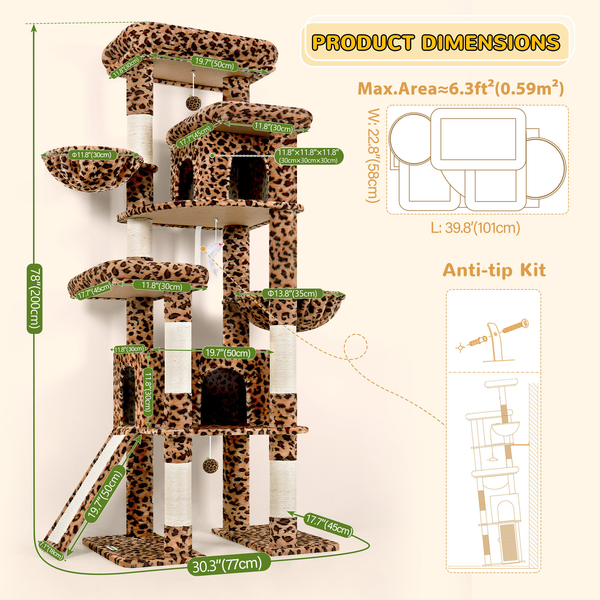 S78 Cat Tower With Scratching Post(Leopard Print,78-inch)