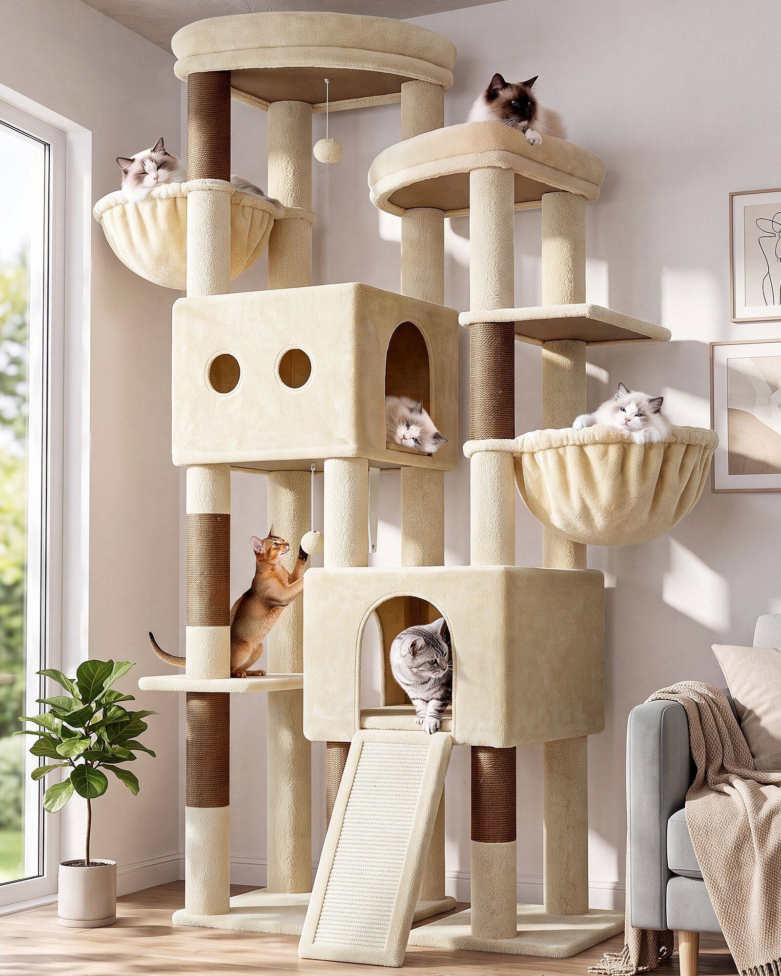S76E Cat Tower For Indoor Cats (Beige, 76-inch)