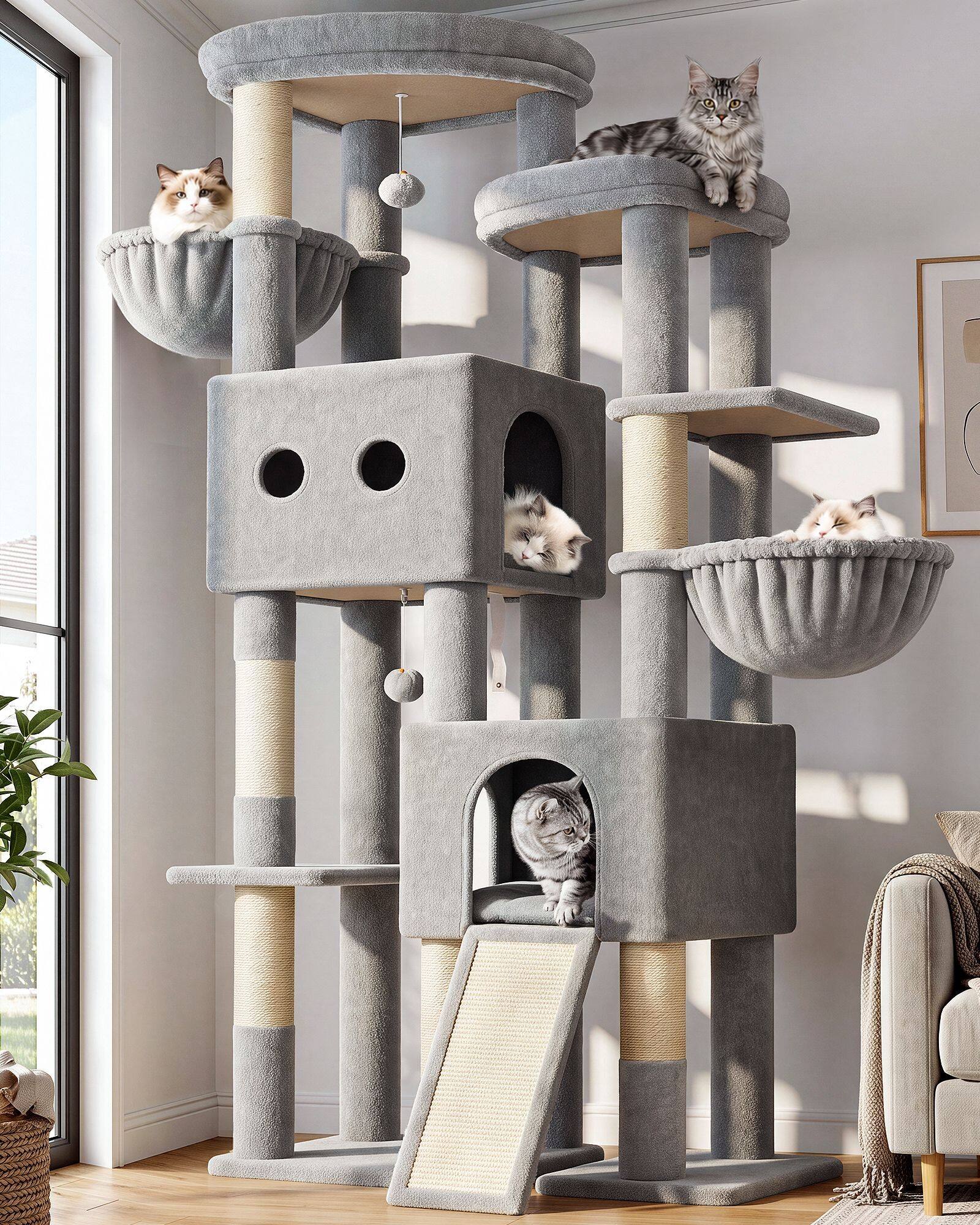 S76E Cat Tower For Indoor Cats (Light Grey, 76-inch)