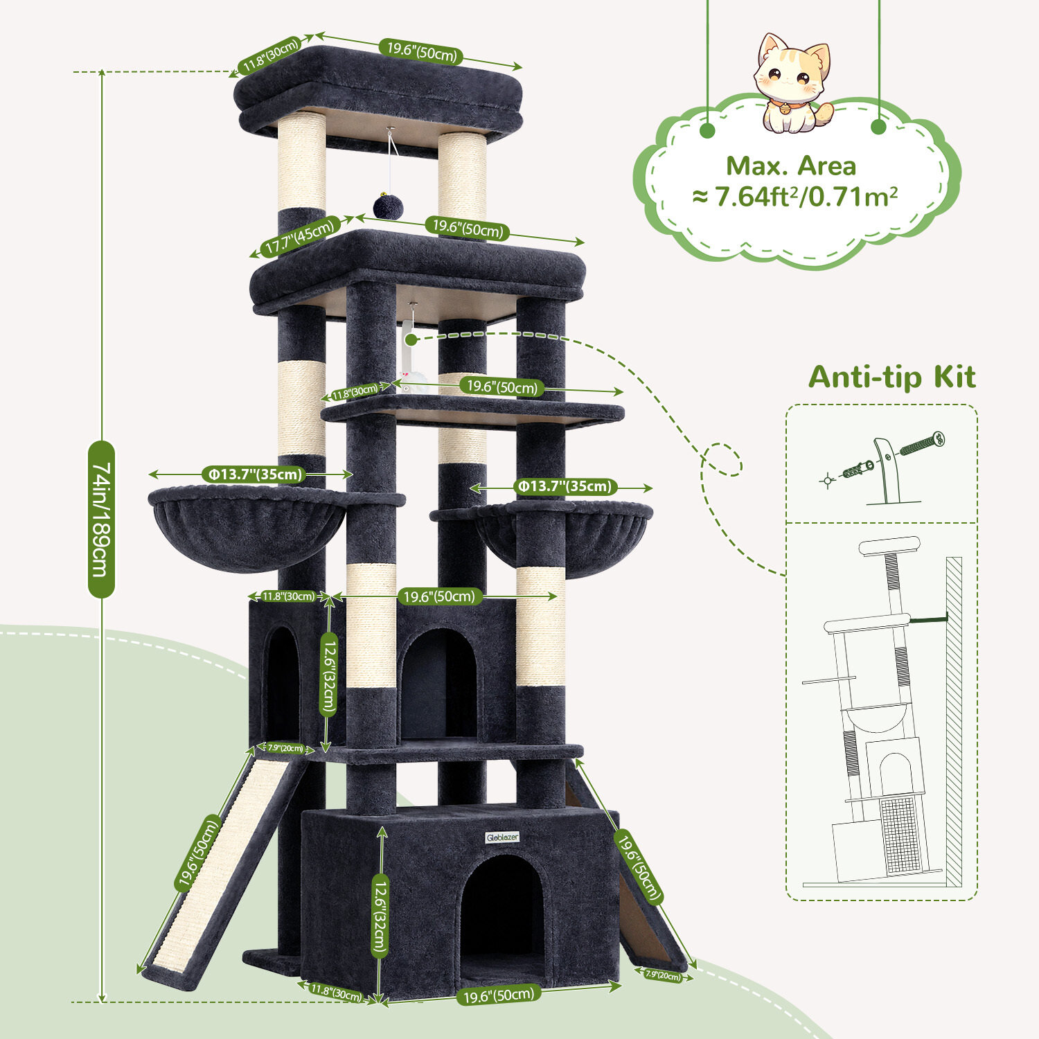 F74G Cat Tree (Dark Grey, 74-inch)