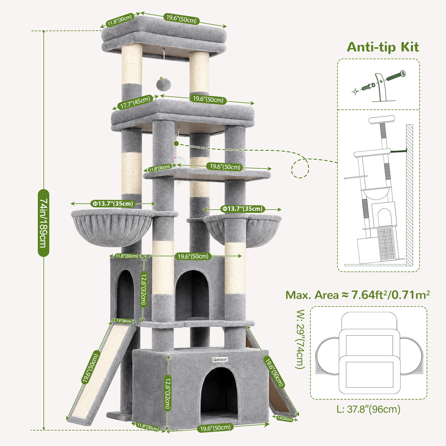 F74G Cat Tree (Light Grey, 74-inch)