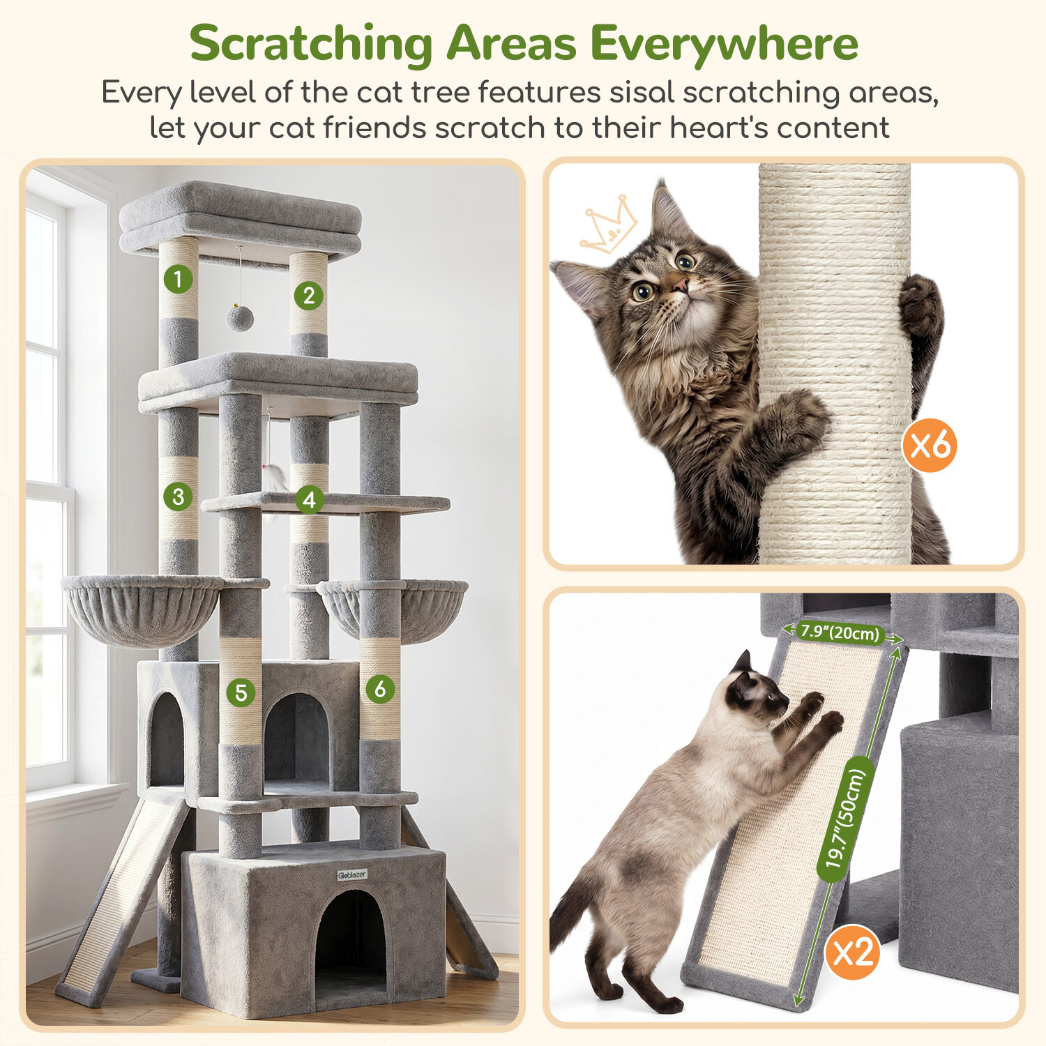F74G Cat Tree (Light Grey, 74-inch)