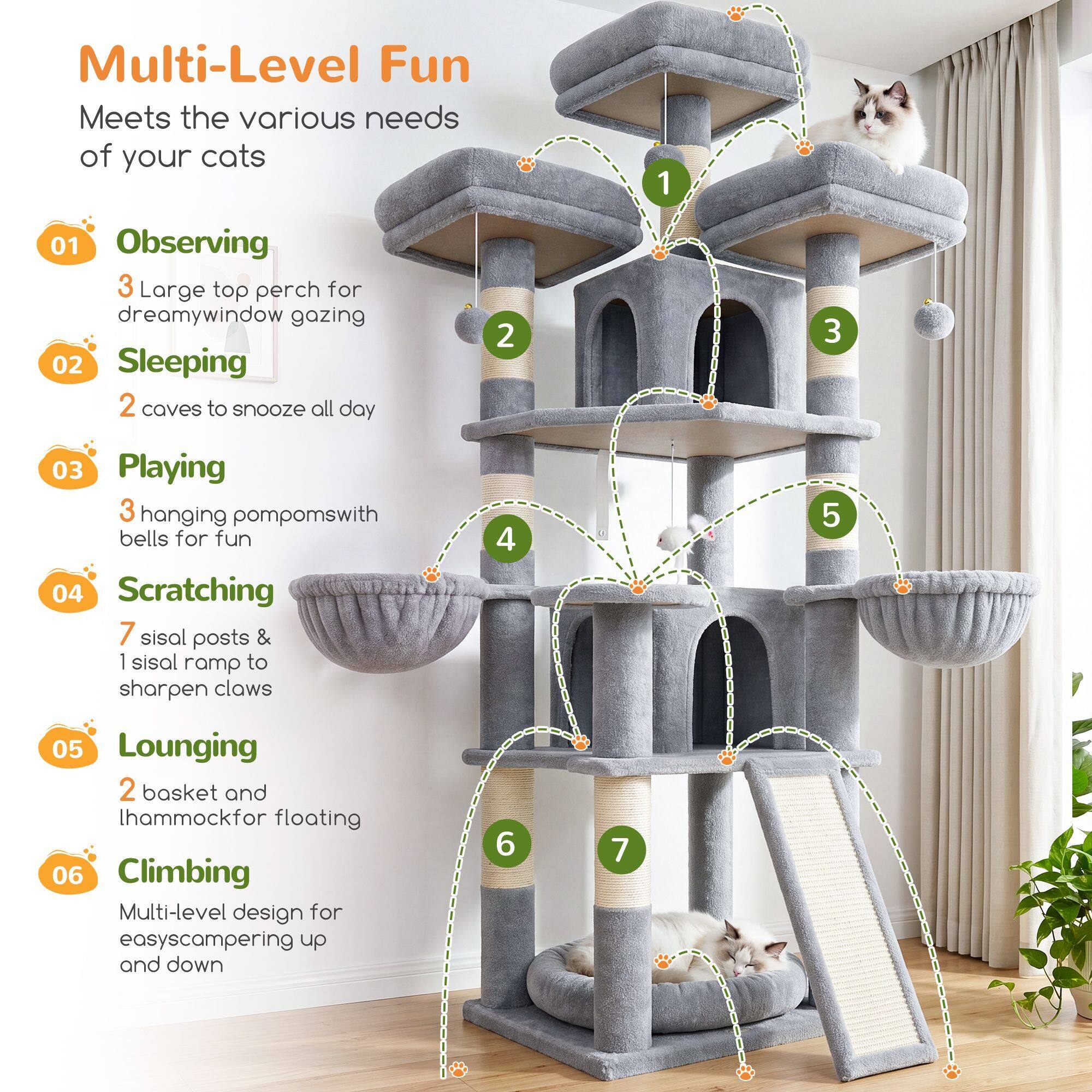 F70H Cat Tree (Light Grey, 70-inch)