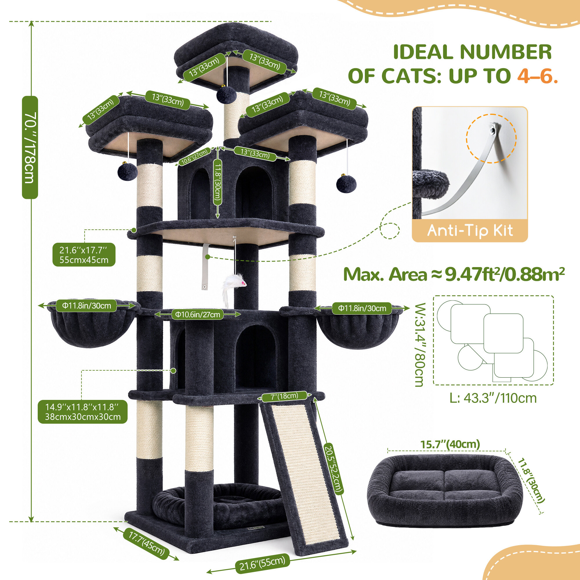 F70H Cat Tree (Dark Grey, 70-inch)