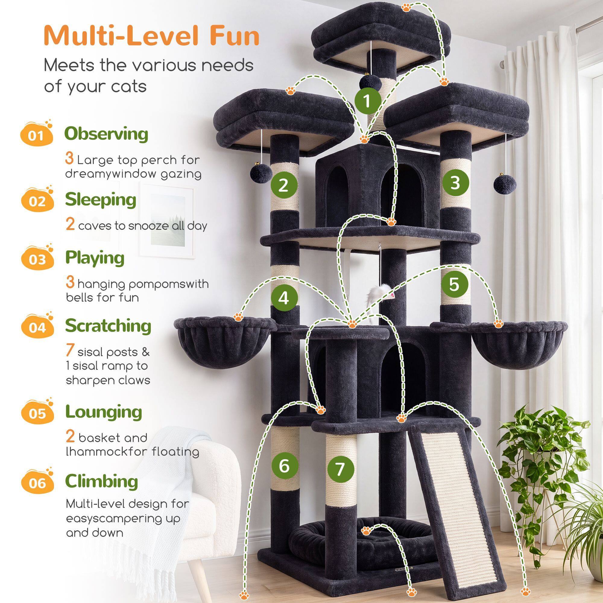 F70H Cat Tree (Dark Grey, 70-inch)