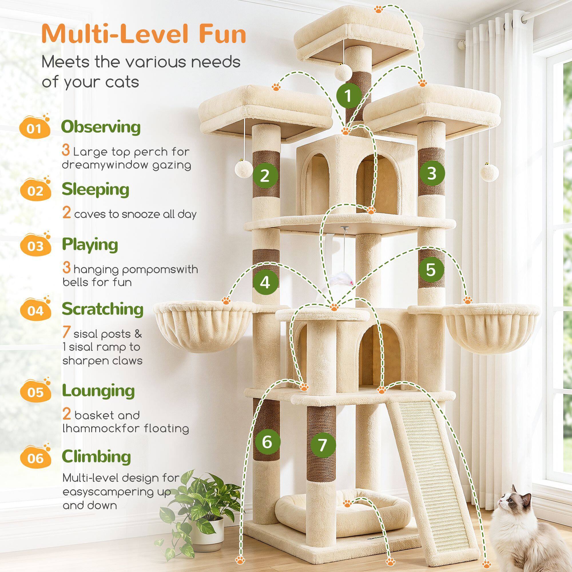 F70H Cat Tree (Beige, 70-inch)