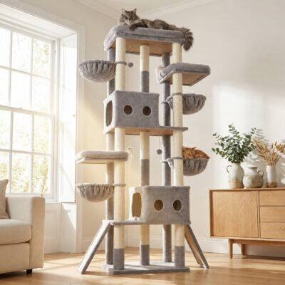 S83J Five-Post Heavy Duty Cat Tree for Large Cats (Light Grey, 83-inch)
