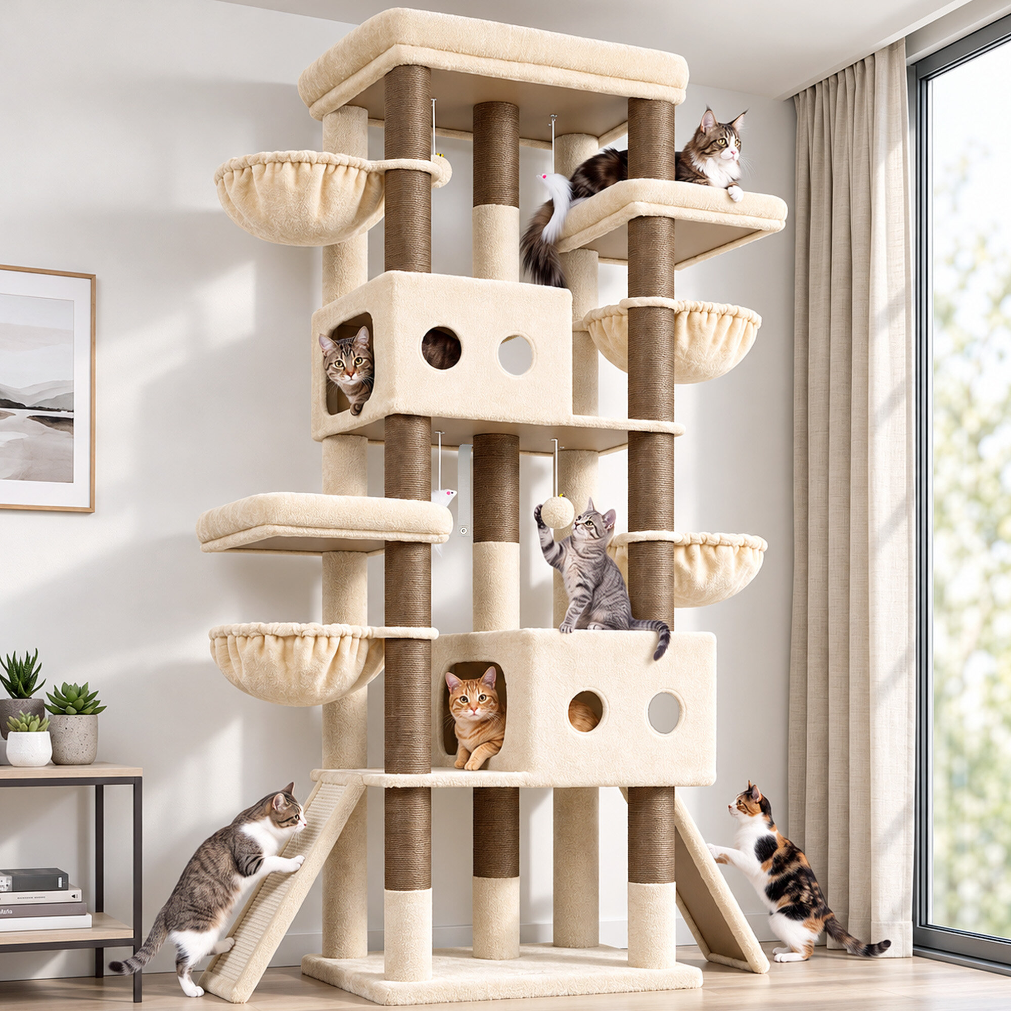 S83J Five-Post Heavy Duty Cat Tree for Large Cats (Beige, 83-inch)