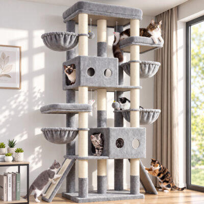 S83J Five-Post Heavy Duty Cat Tree for Large Cats (Light Grey, 83-inch)