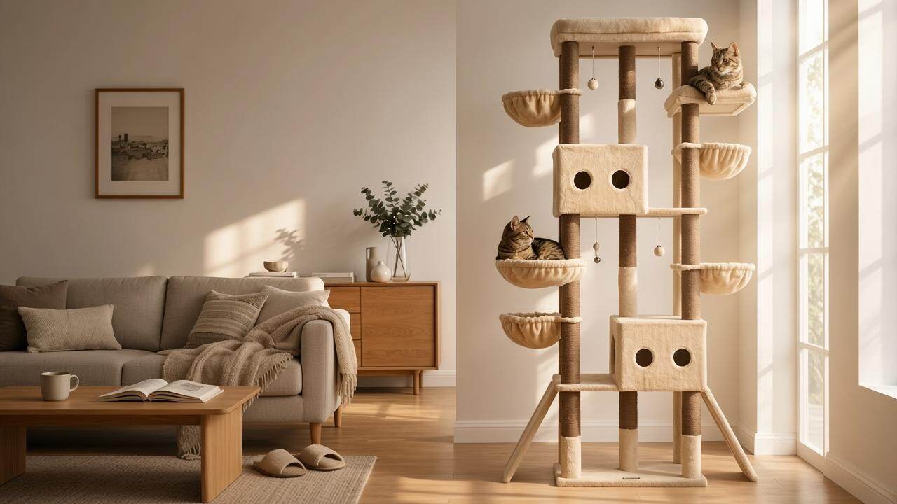S83J Five-Post Heavy Duty Cat Tree for Large Cats (Beige, 83-inch)