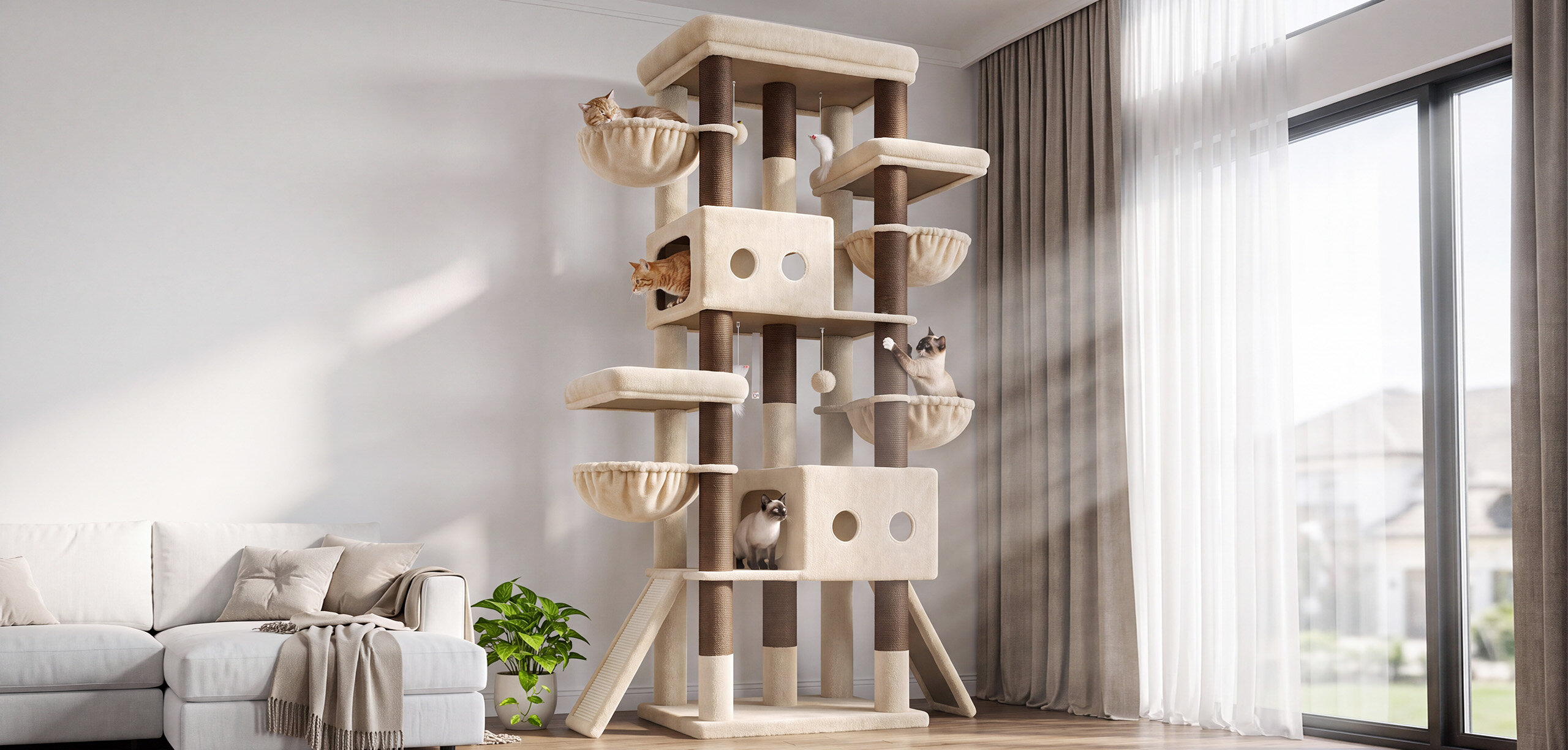 S83J Five-Post Heavy Duty Cat Tree for Large Cats (Beige, 83-inch)