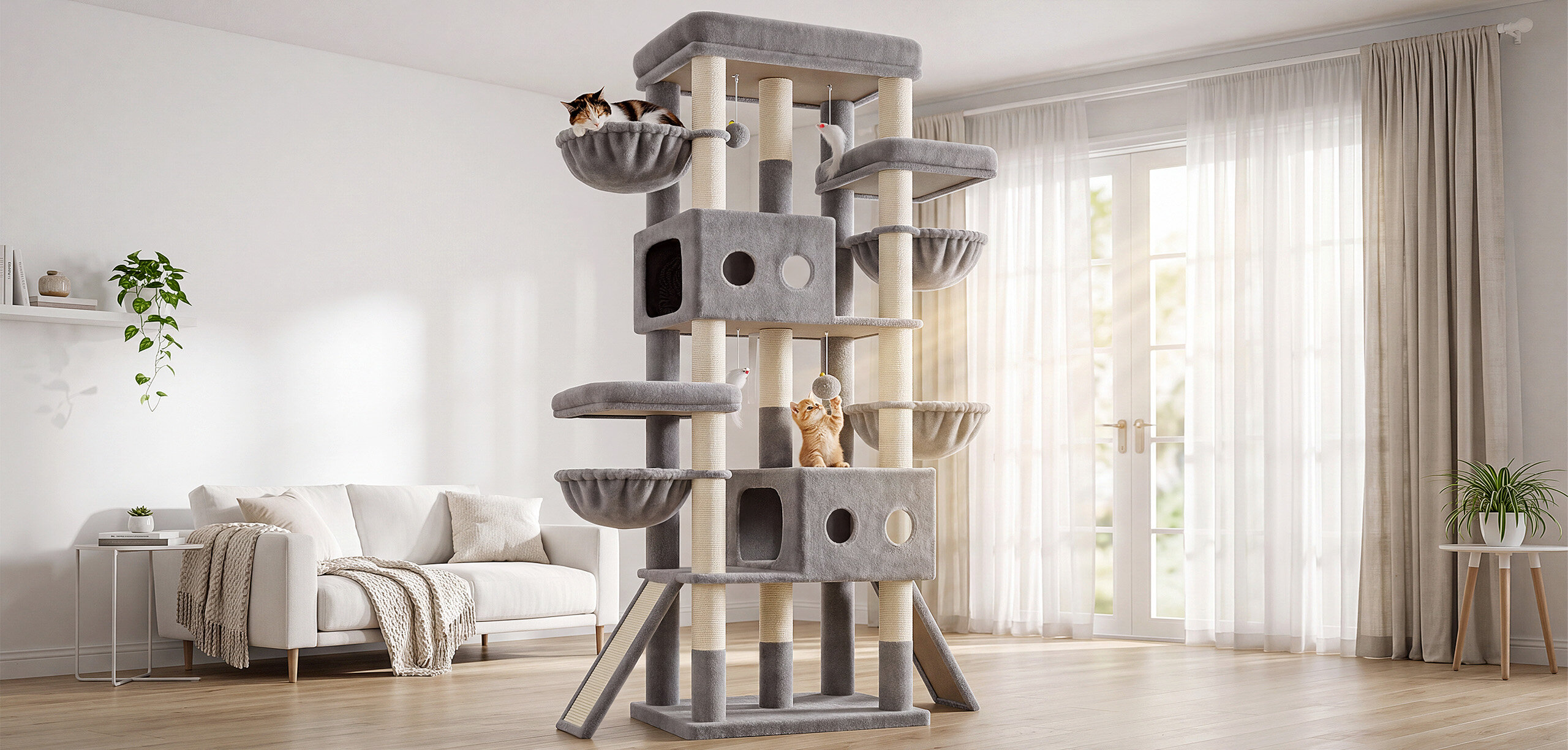S83J Five-Post Heavy Duty Cat Tree for Large Cats (Light Grey, 83-inch)