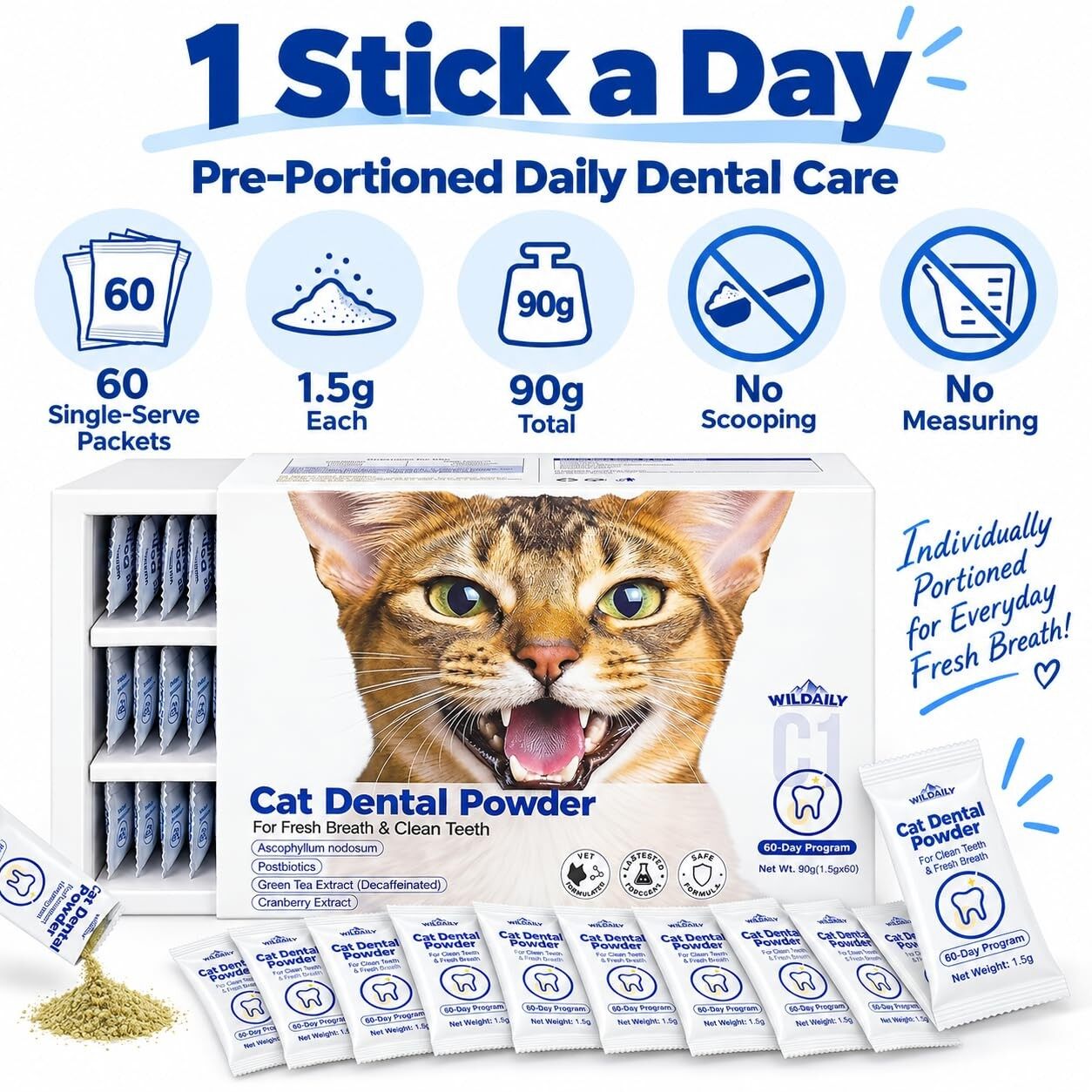 Wildaily Dental Powder for Cats, Teeth & Breath Oral Care, Seaweed + Postbiotics Formula, Helps Reduce Plaque & Tartar Buildup, No-Brushing Daily Dental Care, 60 Individual 1.5g Stick Packs