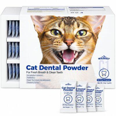 Wildaily Dental Powder for Cats, Teeth & Breath Oral Care, Seaweed + Postbiotics Formula, Helps Reduce Plaque & Tartar Buildup, No-Brushing Daily Dental Care, 60 Individual 1.5g Stick Packs