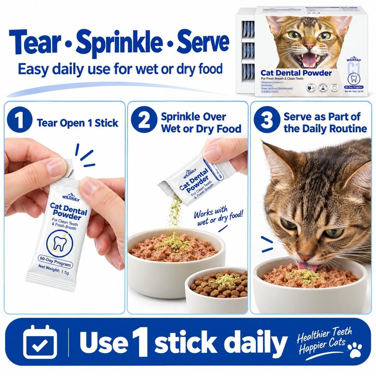 Wildaily Dental Powder for Cats, Teeth & Breath Oral Care, Seaweed + Postbiotics Formula, Helps Reduce Plaque & Tartar Buildup, No-Brushing Daily Dental Care, 60 Individual 1.5g Stick Packs