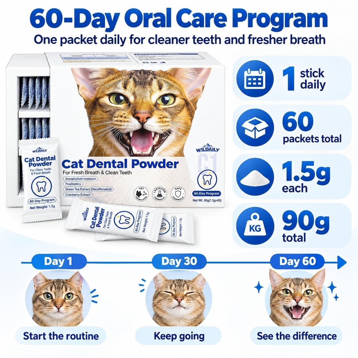 Wildaily Dental Powder for Cats, Teeth & Breath Oral Care, Seaweed + Postbiotics Formula, Helps Reduce Plaque & Tartar Buildup, No-Brushing Daily Dental Care, 60 Individual 1.5g Stick Packs