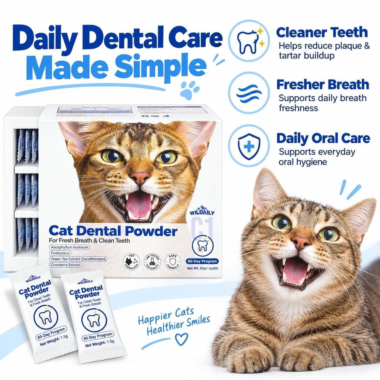 Wildaily Dental Powder for Cats, Teeth & Breath Oral Care, Seaweed + Postbiotics Formula, Helps Reduce Plaque & Tartar Buildup, No-Brushing Daily Dental Care, 60 Individual 1.5g Stick Packs