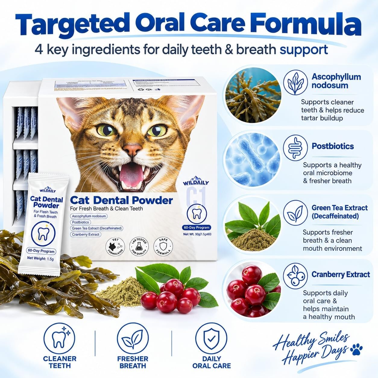 Wildaily Dental Powder for Cats, Teeth & Breath Oral Care, Seaweed + Postbiotics Formula, Helps Reduce Plaque & Tartar Buildup, No-Brushing Daily Dental Care, 60 Individual 1.5g Stick Packs
