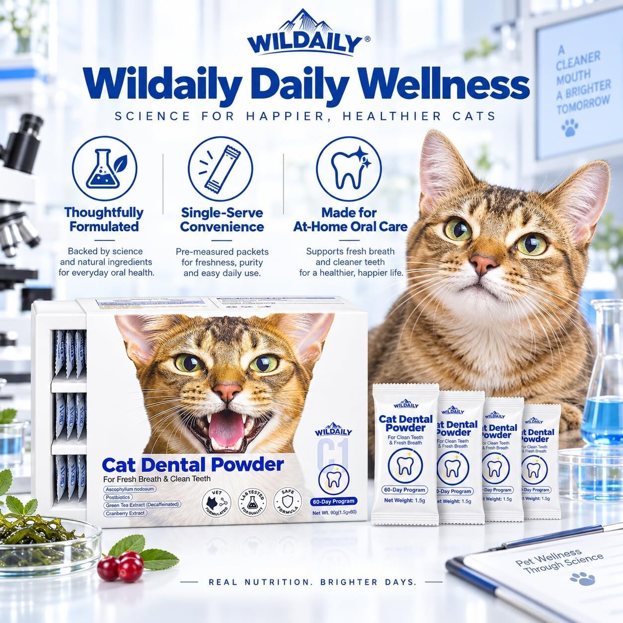 Wildaily Dental Powder for Cats, Teeth & Breath Oral Care, Seaweed + Postbiotics Formula, Helps Reduce Plaque & Tartar Buildup, No-Brushing Daily Dental Care, 60 Individual 1.5g Stick Packs