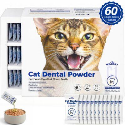 Wildaily Cat Dental Powder for Plaque & Tartar Control, Oral Microbiome Support with Seaweed Extract & Postbiotics, Fresh Breath & Healthy Gums, No Brushing Needed, 60 Single-Serve Packets