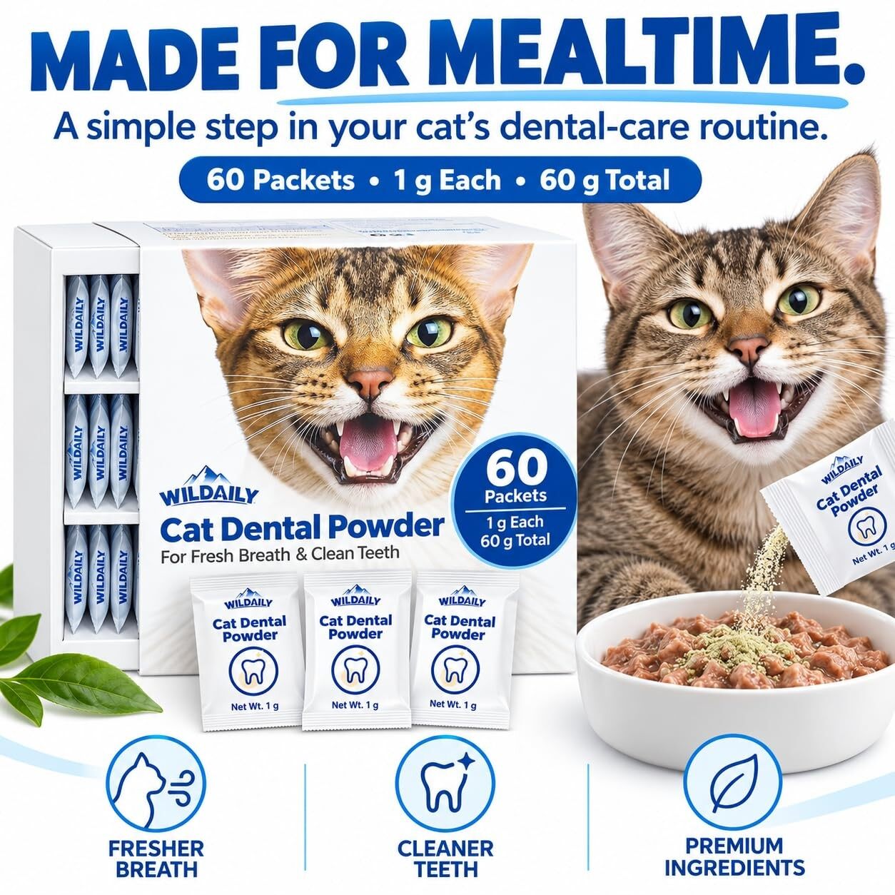 Wildaily Cat Dental Powder for Plaque & Tartar Control, Oral Microbiome Support with Seaweed Extract & Postbiotics, Fresh Breath & Healthy Gums, No Brushing Needed, 60 Single-Serve Packets