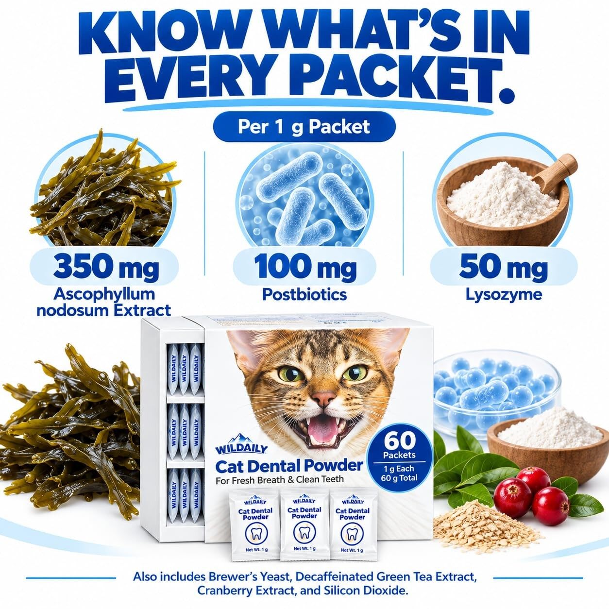 Wildaily Cat Dental Powder for Plaque & Tartar Control, Oral Microbiome Support with Seaweed Extract & Postbiotics, Fresh Breath & Healthy Gums, No Brushing Needed, 60 Single-Serve Packets
