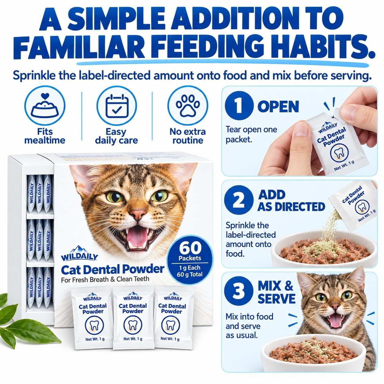 Wildaily Cat Dental Powder for Plaque & Tartar Control, Oral Microbiome Support with Seaweed Extract & Postbiotics, Fresh Breath & Healthy Gums, No Brushing Needed, 60 Single-Serve Packets