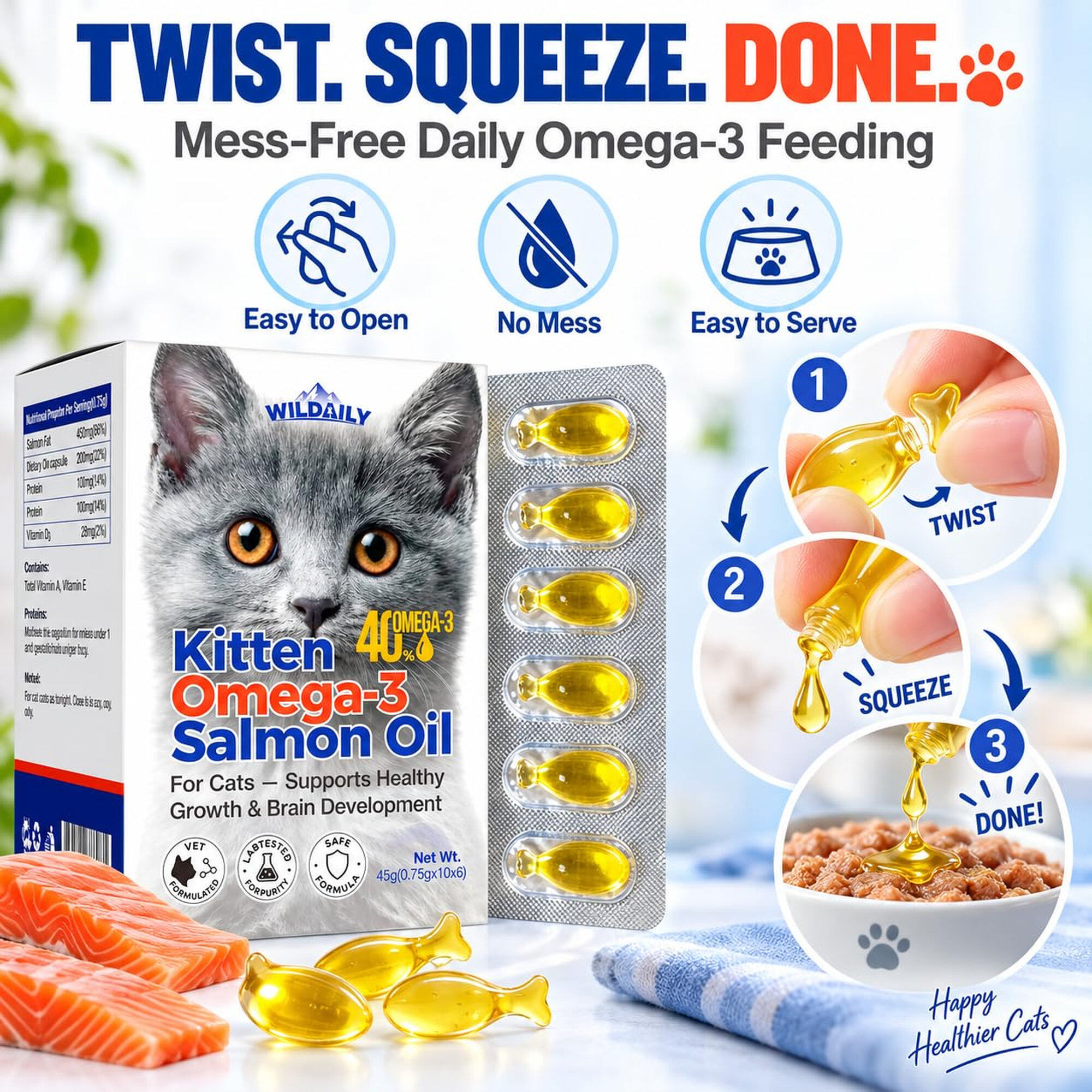 Wildaily Kitten Fish Oil, Omega 3 for Kittens with 300mg Omega 3, 180mg DHA & 100mg EPA, Wild Salmon Oil for Brain & Vision, Skin & Coat Support, Twist-Off Softgels, 60 Count