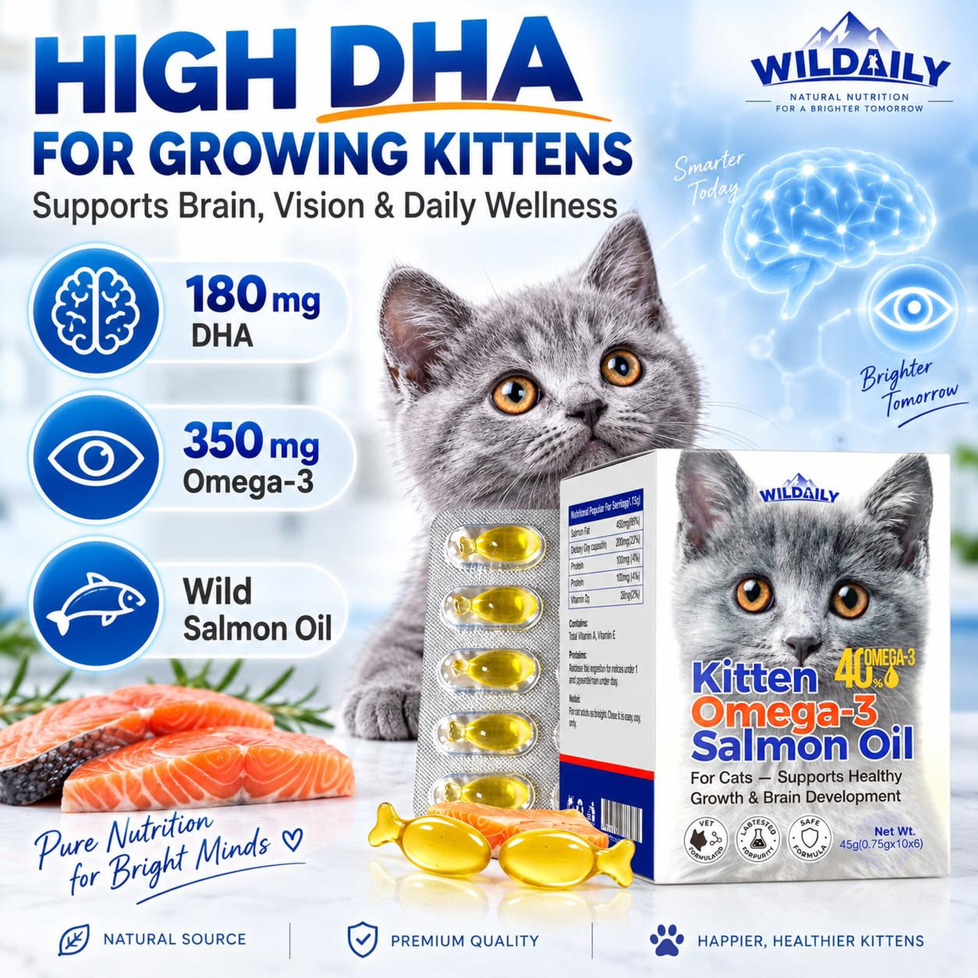 Wildaily Kitten Fish Oil, Omega 3 for Kittens with 300mg Omega 3, 180mg DHA & 100mg EPA, Wild Salmon Oil for Brain & Vision, Skin & Coat Support, Twist-Off Softgels, 60 Count