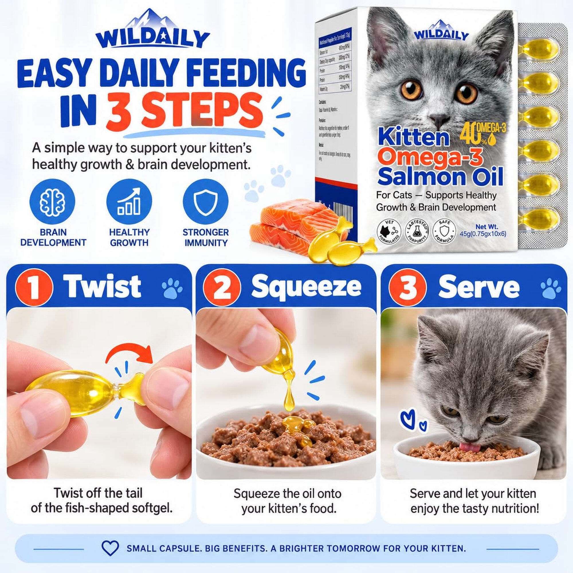 Wildaily Kitten Fish Oil, Omega 3 for Kittens with 300mg Omega 3, 180mg DHA & 100mg EPA, Wild Salmon Oil for Brain & Vision, Skin & Coat Support, Twist-Off Softgels, 60 Count
