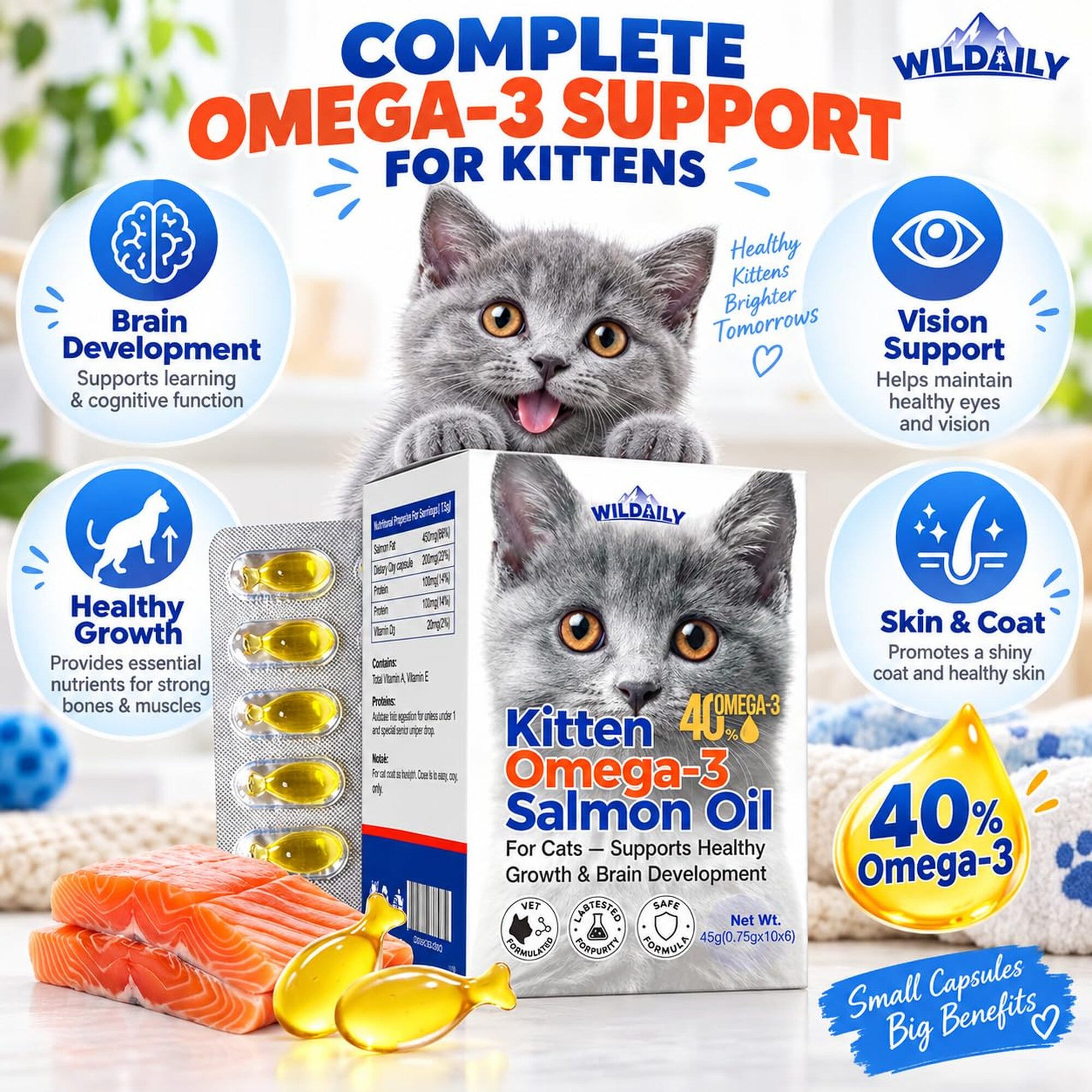 Wildaily Kitten Fish Oil, Omega 3 for Kittens with 300mg Omega 3, 180mg DHA & 100mg EPA, Wild Salmon Oil for Brain & Vision, Skin & Coat Support, Twist-Off Softgels, 60 Count