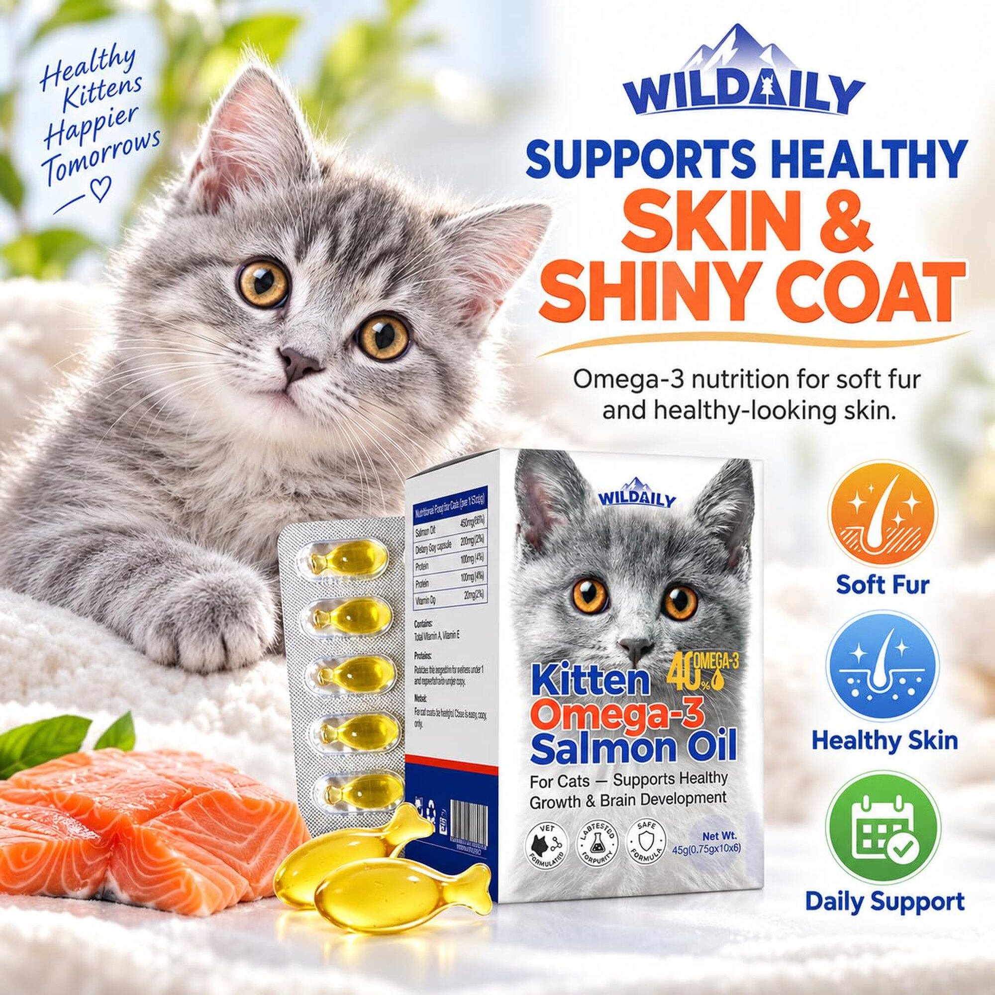 Wildaily Kitten Fish Oil, Omega 3 for Kittens with 300mg Omega 3, 180mg DHA & 100mg EPA, Wild Salmon Oil for Brain & Vision, Skin & Coat Support, Twist-Off Softgels, 60 Count