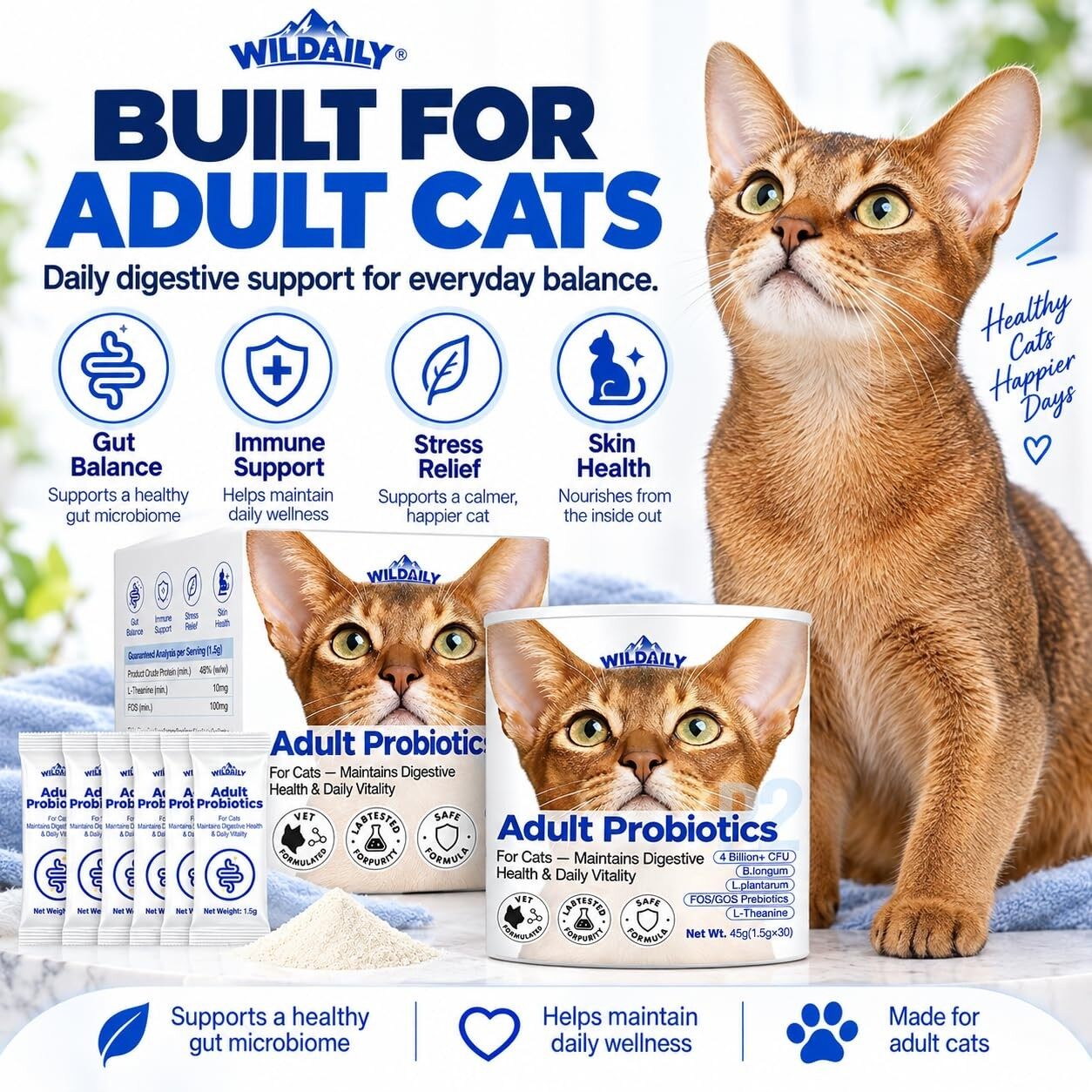 Wildaily Probiotics for Cats with Prebiotics, 4 Billion CFU Digestive & Gut Health Support for Adult Cats, Probiotic Powder with B. longum + L. plantarum, FOS & GOS, 30 Daily Stick Packs
