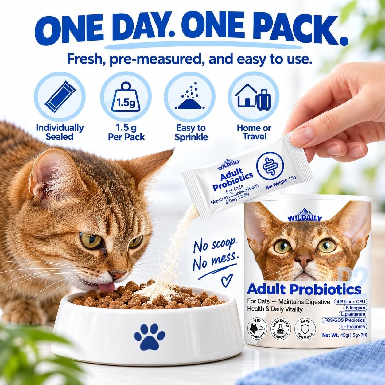 Wildaily Probiotics for Cats with Prebiotics, 4 Billion CFU Digestive & Gut Health Support for Adult Cats, Probiotic Powder with B. longum + L. plantarum, FOS & GOS, 30 Daily Stick Packs