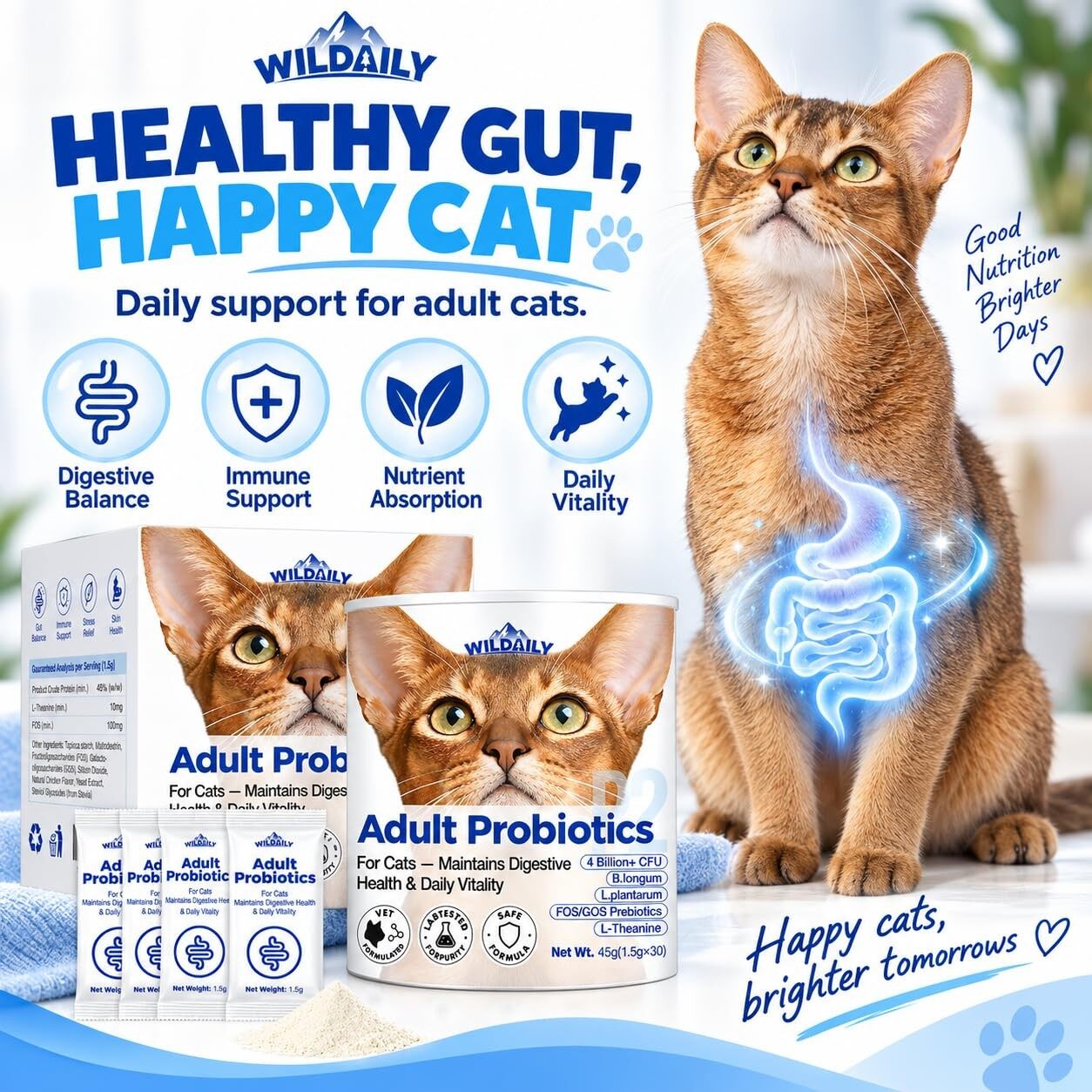 Wildaily Probiotics for Cats with Prebiotics, 4 Billion CFU Digestive & Gut Health Support for Adult Cats, Probiotic Powder with B. longum + L. plantarum, FOS & GOS, 30 Daily Stick Packs