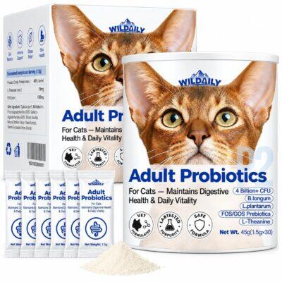 Wildaily Probiotics for Cats with Prebiotics, 4 Billion CFU Digestive & Gut Health Support for Adult Cats, Probiotic Powder with B. longum + L. plantarum, FOS & GOS, 30 Daily Stick Packs