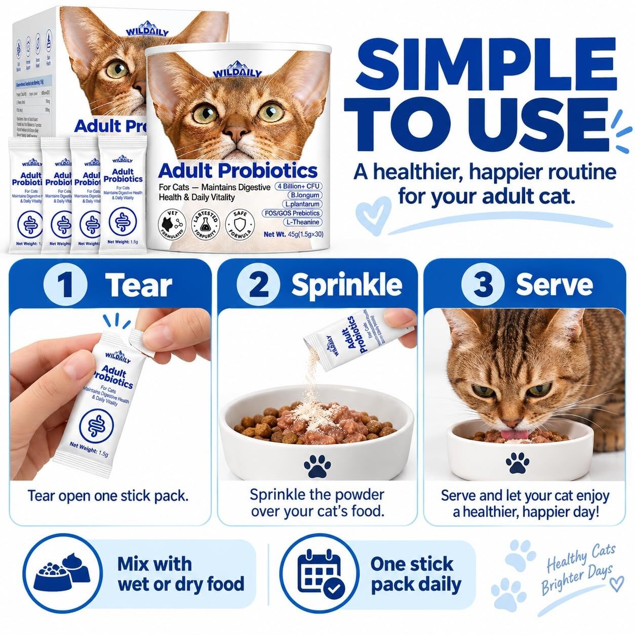 Wildaily Probiotics for Cats with Prebiotics, 4 Billion CFU Digestive & Gut Health Support for Adult Cats, Probiotic Powder with B. longum + L. plantarum, FOS & GOS, 30 Daily Stick Packs