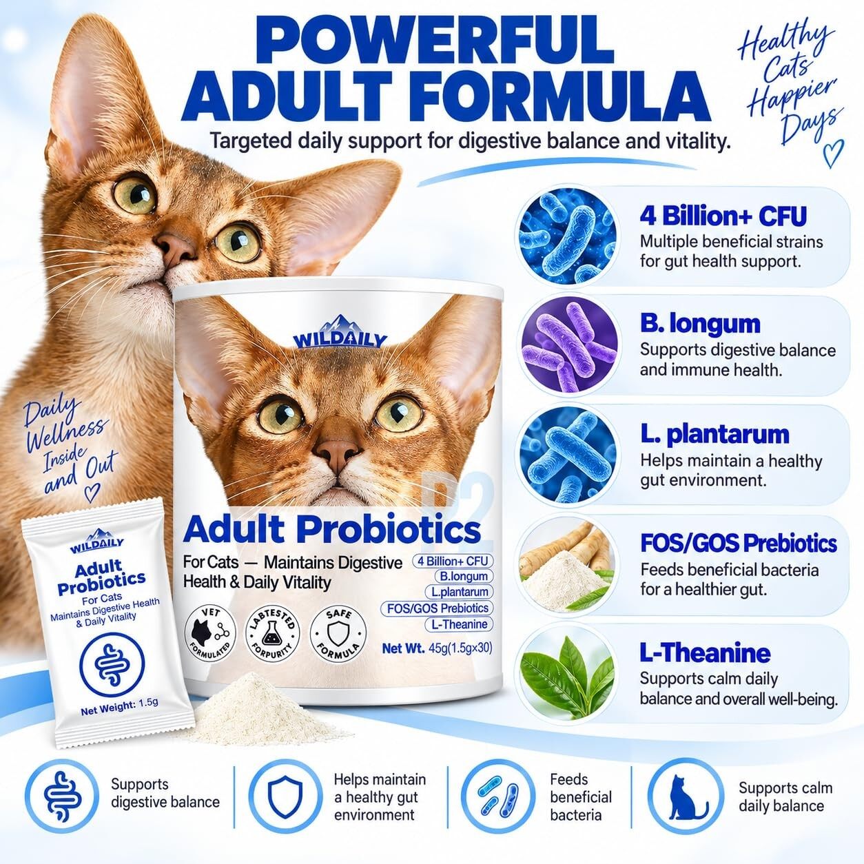 Wildaily Probiotics for Cats with Prebiotics, 4 Billion CFU Digestive & Gut Health Support for Adult Cats, Probiotic Powder with B. longum + L. plantarum, FOS & GOS, 30 Daily Stick Packs