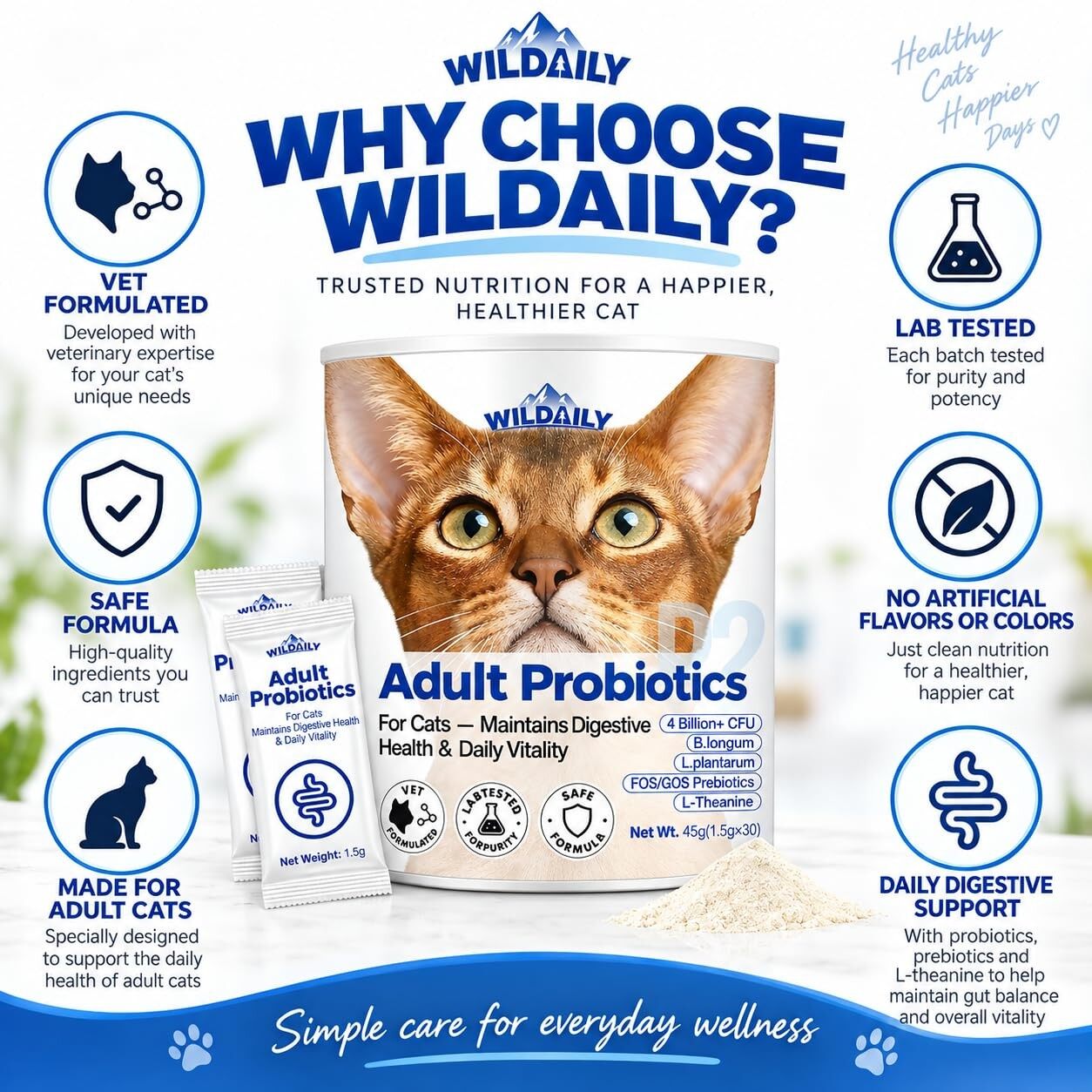 Wildaily Probiotics for Cats with Prebiotics, 4 Billion CFU Digestive & Gut Health Support for Adult Cats, Probiotic Powder with B. longum + L. plantarum, FOS & GOS, 30 Daily Stick Packs