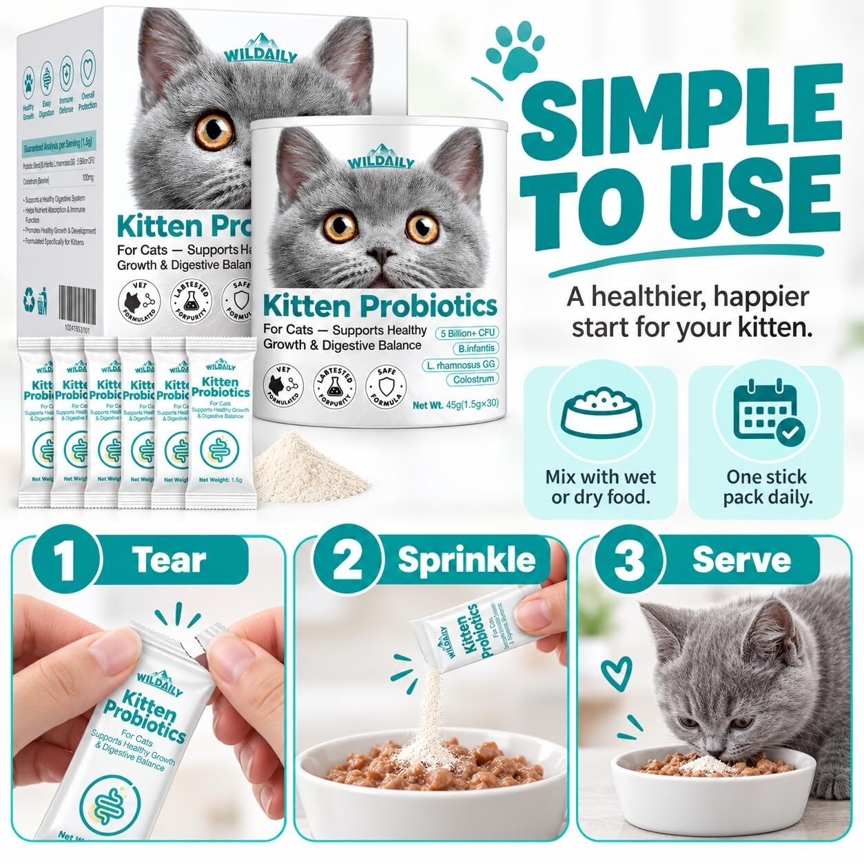 Wildaily Kitten Probiotics with Colostrum, 5 Billion CFU Cat Probiotic Powder with B. infantis + L. rhamnosus GG, Digestive & Immune Support for Growing Kittens, 30 Daily Stick Pack