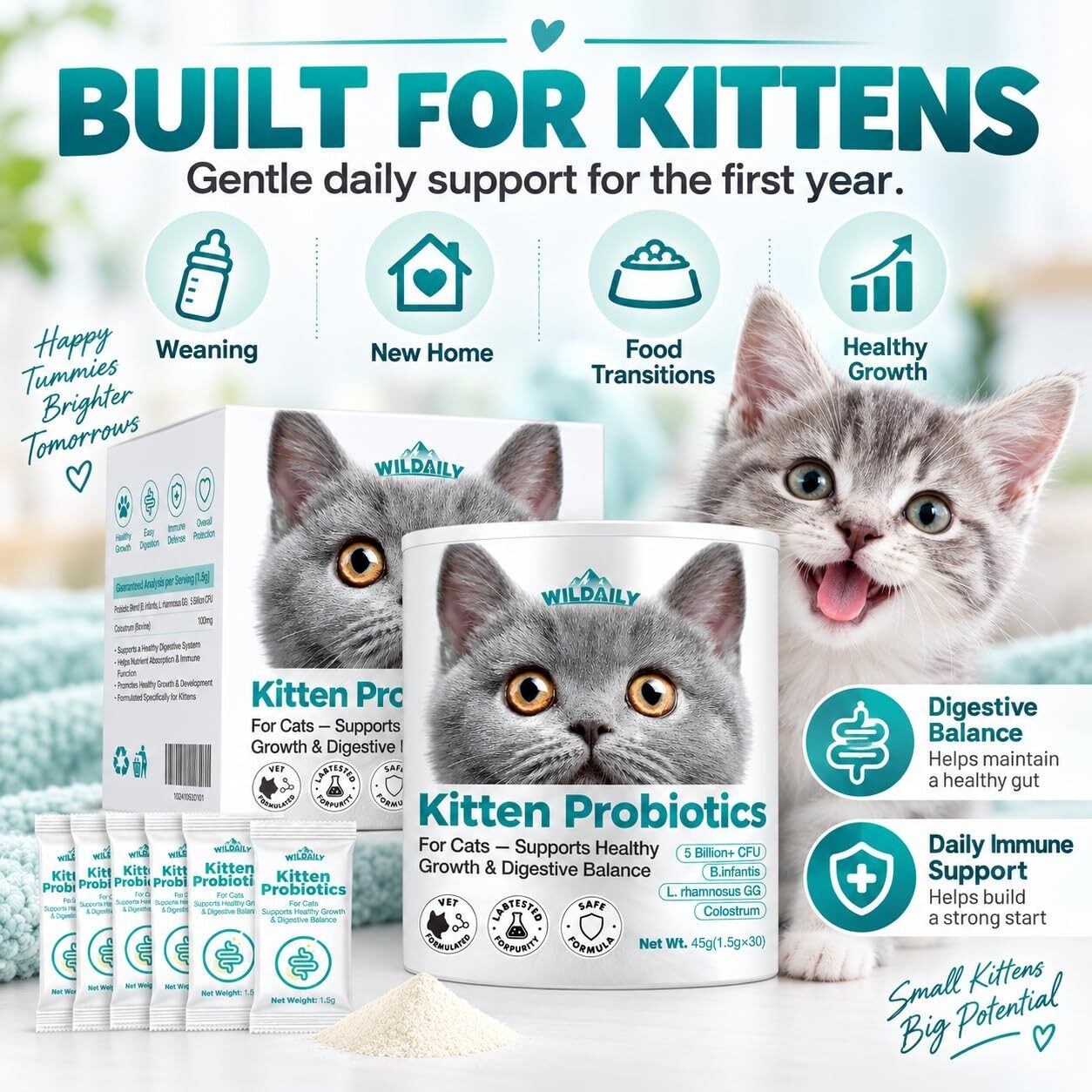 Wildaily Kitten Probiotics with Colostrum, 5 Billion CFU Cat Probiotic Powder with B. infantis + L. rhamnosus GG, Digestive & Immune Support for Growing Kittens, 30 Daily Stick Pack