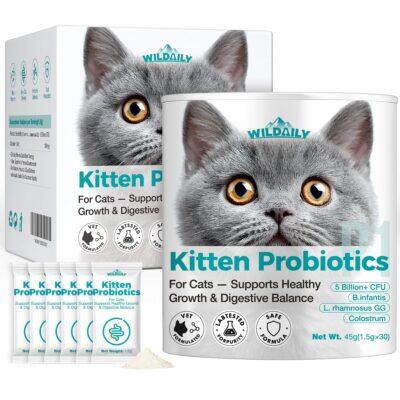 Wildaily Kitten Probiotics with Colostrum, 5 Billion CFU Cat Probiotic Powder with B. infantis + L. rhamnosus GG, Digestive & Immune Support for Growing Kittens, 30 Daily Stick Pack