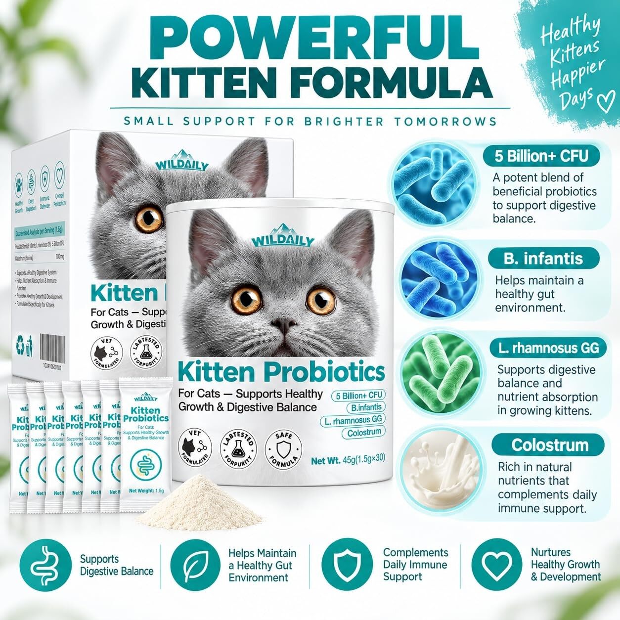 Wildaily Kitten Probiotics with Colostrum, 5 Billion CFU Cat Probiotic Powder with B. infantis + L. rhamnosus GG, Digestive & Immune Support for Growing Kittens, 30 Daily Stick Pack