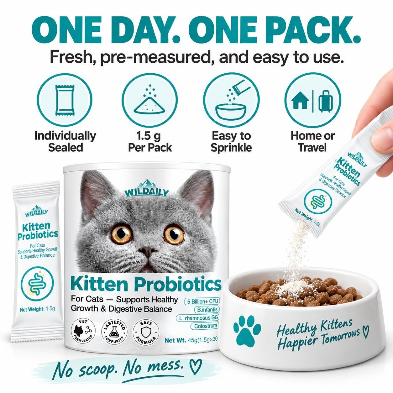 Wildaily Kitten Probiotics with Colostrum, 5 Billion CFU Cat Probiotic Powder with B. infantis + L. rhamnosus GG, Digestive & Immune Support for Growing Kittens, 30 Daily Stick Pack