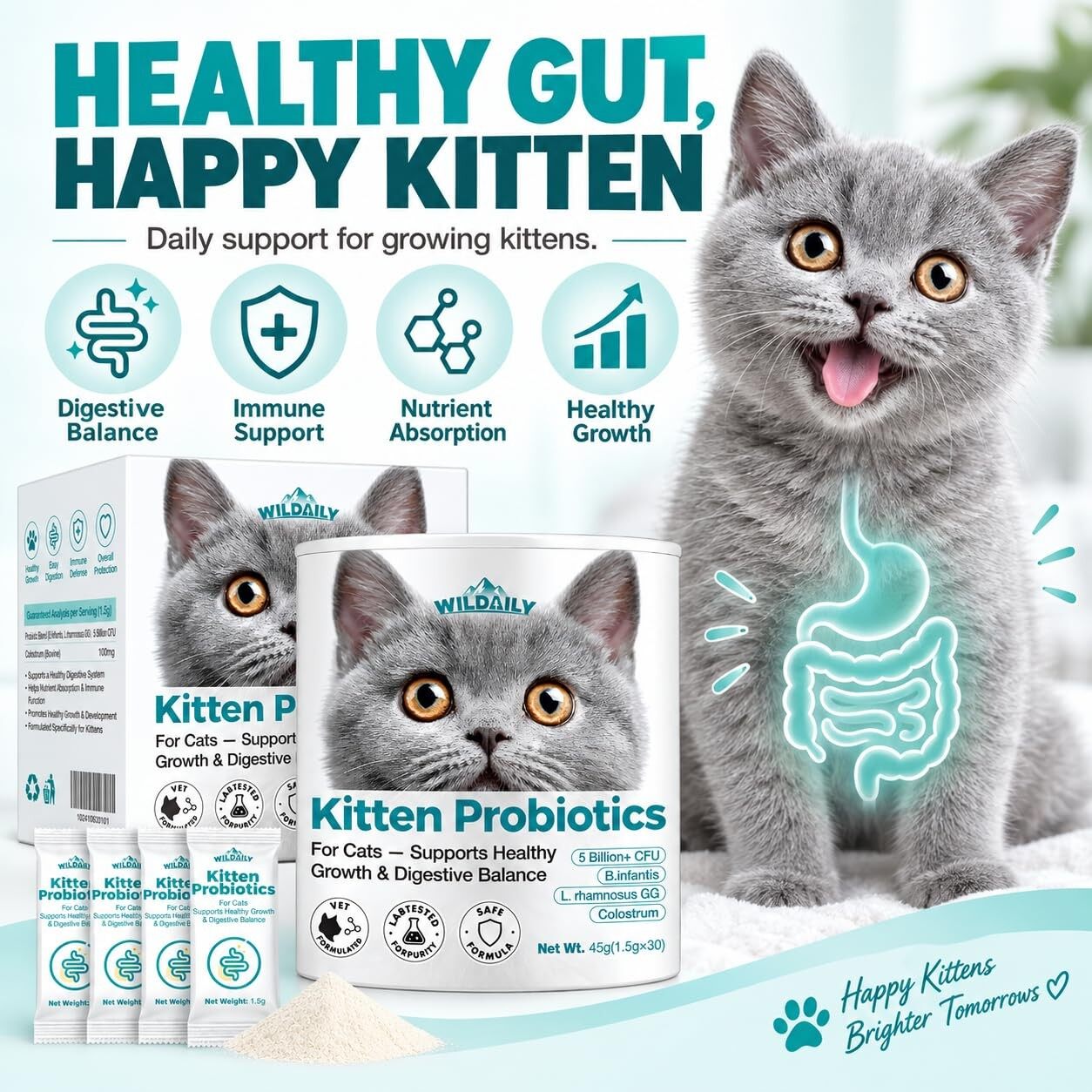 Wildaily Kitten Probiotics with Colostrum, 5 Billion CFU Cat Probiotic Powder with B. infantis + L. rhamnosus GG, Digestive & Immune Support for Growing Kittens, 30 Daily Stick Pack